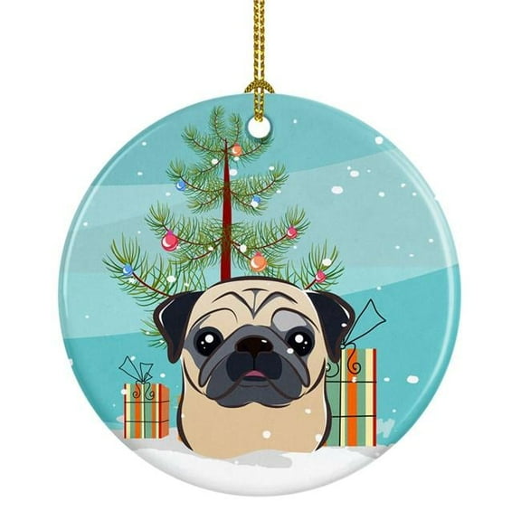 Christmas Tree & Fawn Pug Ceramic Ornament