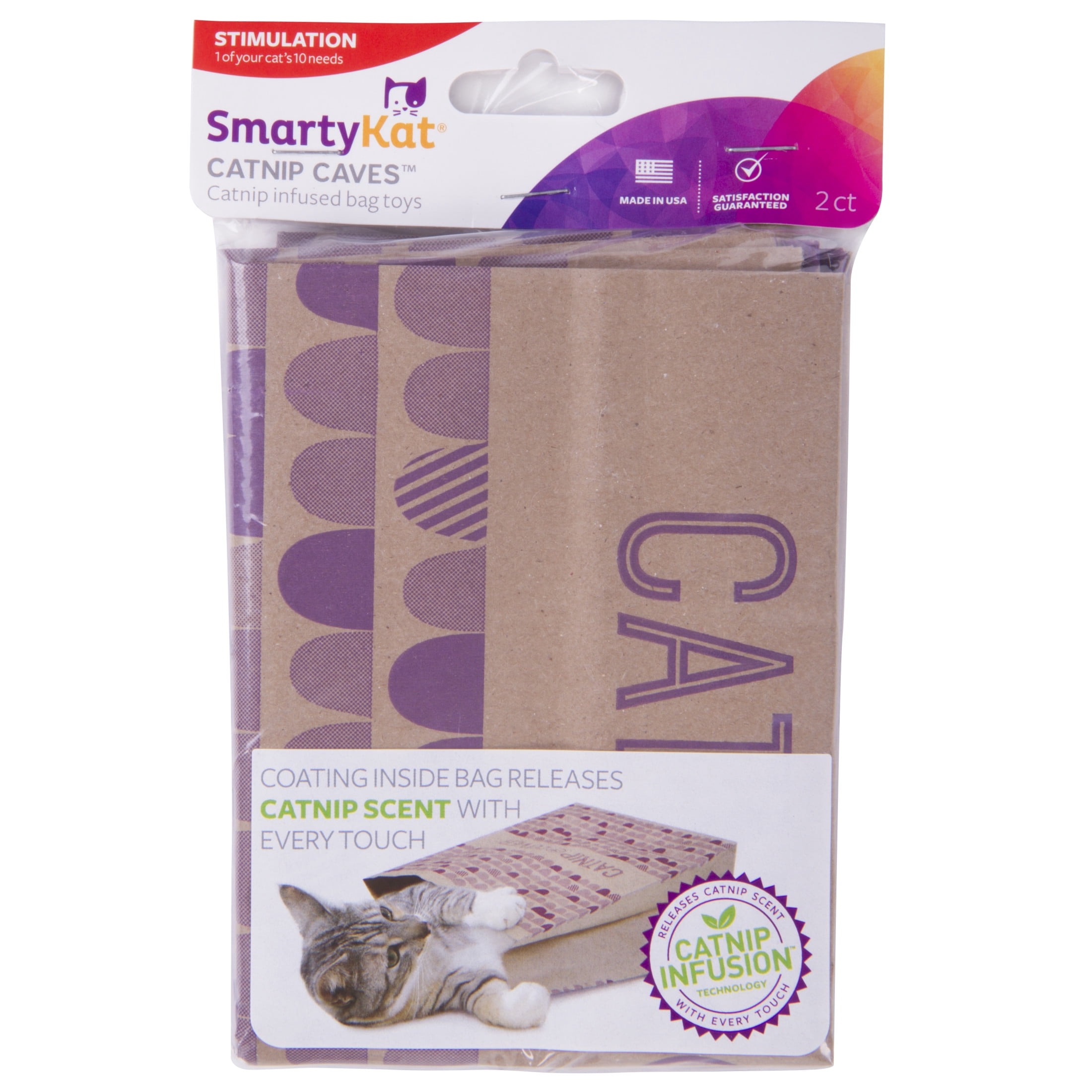 SmartyKat Catnip-Infused Cat Toy Bundle, Catnip Caves Crinkle Bag Hideaway Set of 2 & Madcap Mania Refillable Plush Mouse, 2-Piece