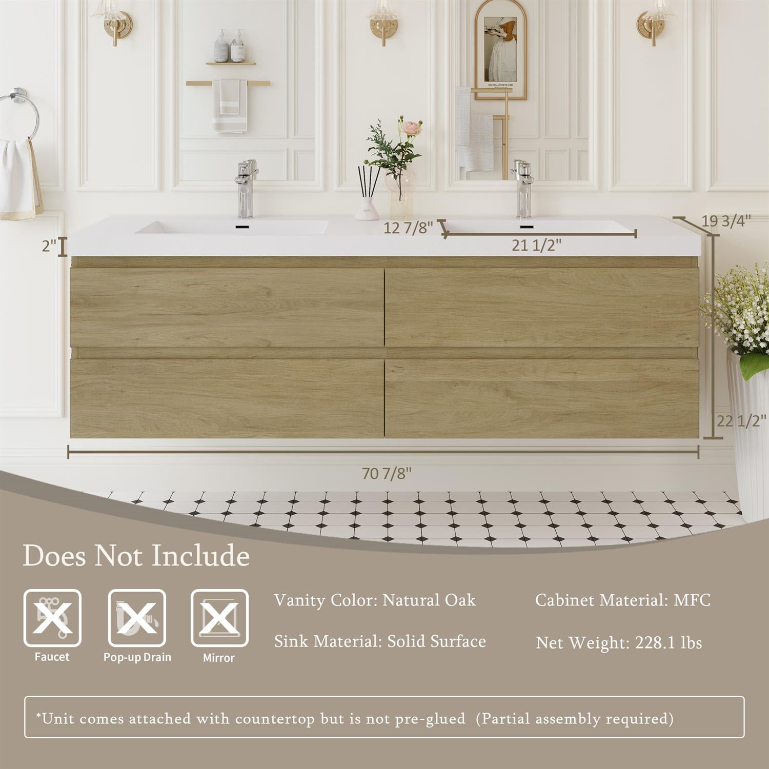 Demi Bonn 72" Floating Bathroom Vanity with Sink, Double Resin Top Basin and 4 Soft Close Drawers, Faucets and Drains Not Included, Brown