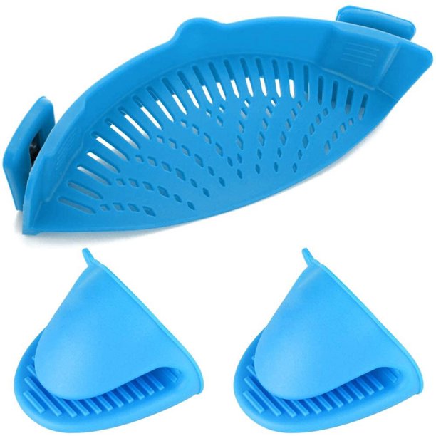 Tamiz de silicona para enganchar, filtro de goteo resistente al calor para colador y tamiz a presión en tazones, ollas y sartenes, con 2 guantes de silicona