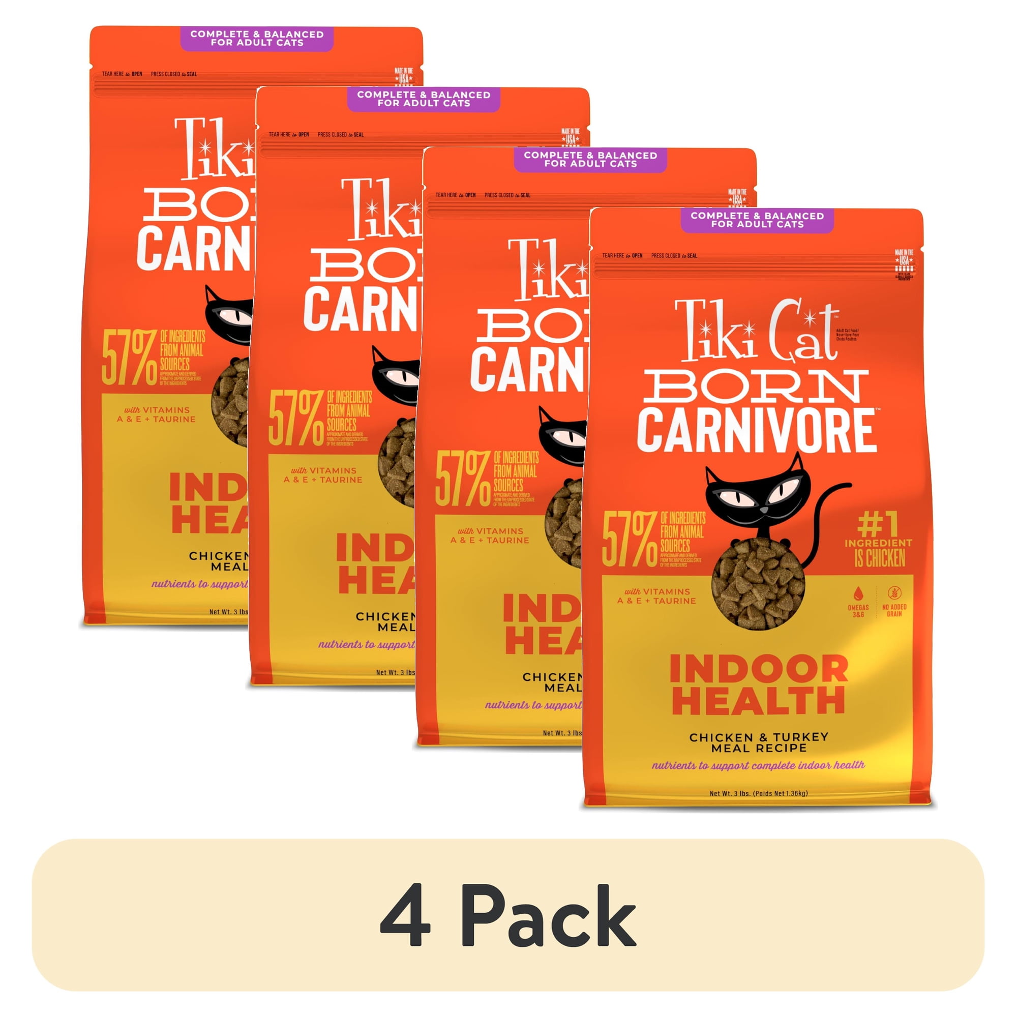 (4 pack) Tiki Cat Born Carnivore Indoor Health Dry Cat Food, Chicken & Turkey Meal, 3 lbs. Bag