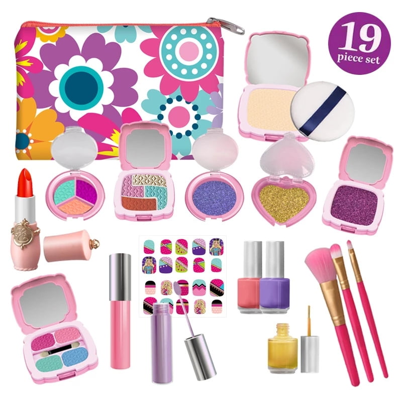 LNKOO 19 Pieces Kids Pretend Makeup Kit with Cosmetic Bag for Girls 4 5