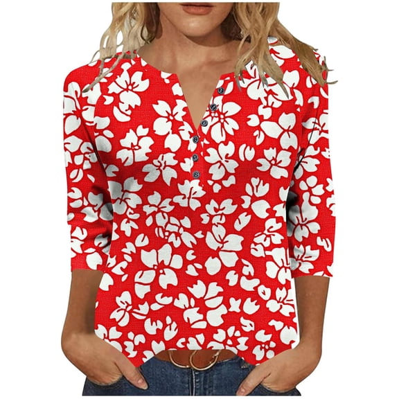 Womens Tops Plus Size Round Neck 3/4 Sleeve Daily Print Loose Casual T-Shirt Pullover Top Red