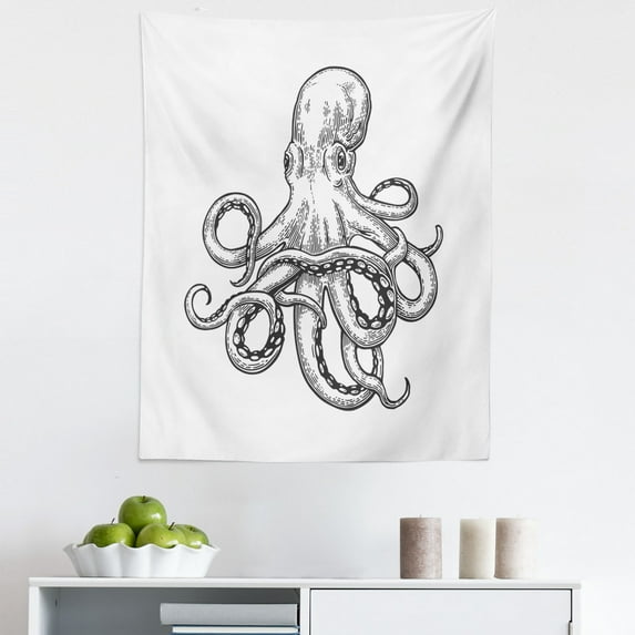 Octopus Tapestry, Hand Drawn Sketch of an Adult Sea Animal Depicted as a Monster of Ocean, Fabric Wall Hanging Decor for Bedroom Living Room Dorm, 5 Sizes, White Charcoal Grey, by Ambesonne