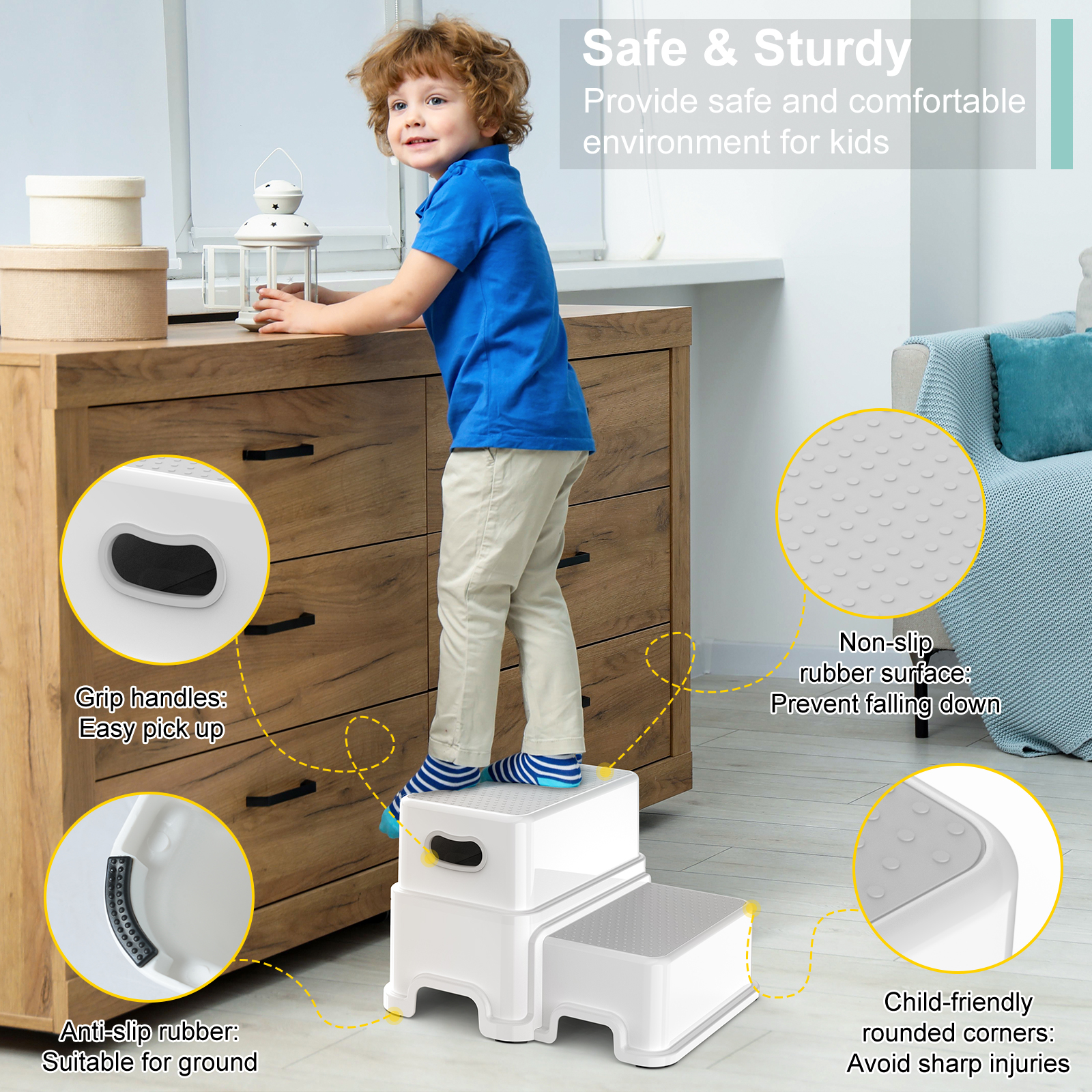 BATTOP 2-Step Toddler Step Stool, Gray, Anti-Slip Surface photo 6