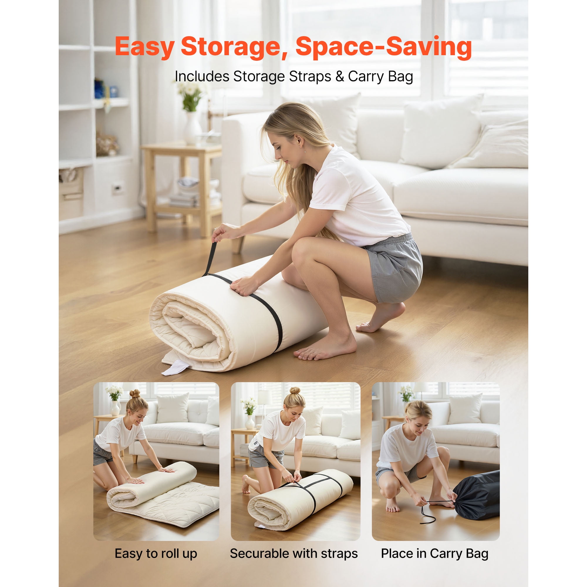 KFFKFF Japanese Tatami Mat, Twin Size Foldable Floor Mattress, Futon Mattress with Storage Bag & Fastener, 9-Layer Design for Sleeping, Dormitory, Meditation, Yoga, 80 x 39 x 2.5 in, White