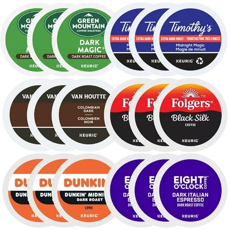 Premium Dark Coffee K-Cup Variety Sampler Value Pack 18ct - Six Different Strong Flavors (3ea) of Favorite Blends- Midnight Magic, Black Silk, Dunkin Donuts Dark, Columbian, Dk Magic, DK Italian Roast