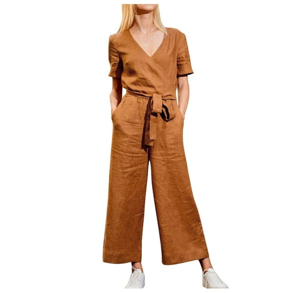 Bigersell Baggy Jumpsuits for Women Jumpsuit Women Solid Pocket Romper Short Sleeve V-neck Belt Loose Overalls Jumpsuit Ladies Jumpsuits