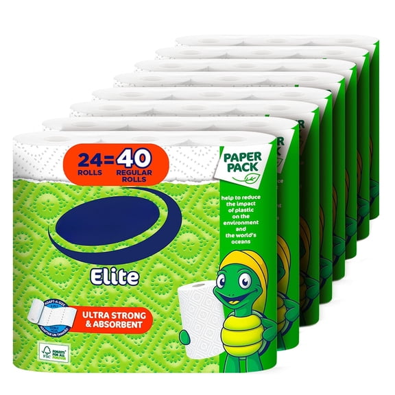 Elite Adapt-A-Size Paper Towels 24 Large Rolls= 40 Regular Rolls Plastic Free Packaging Paper Wrap Ultra Strong and Absorbent