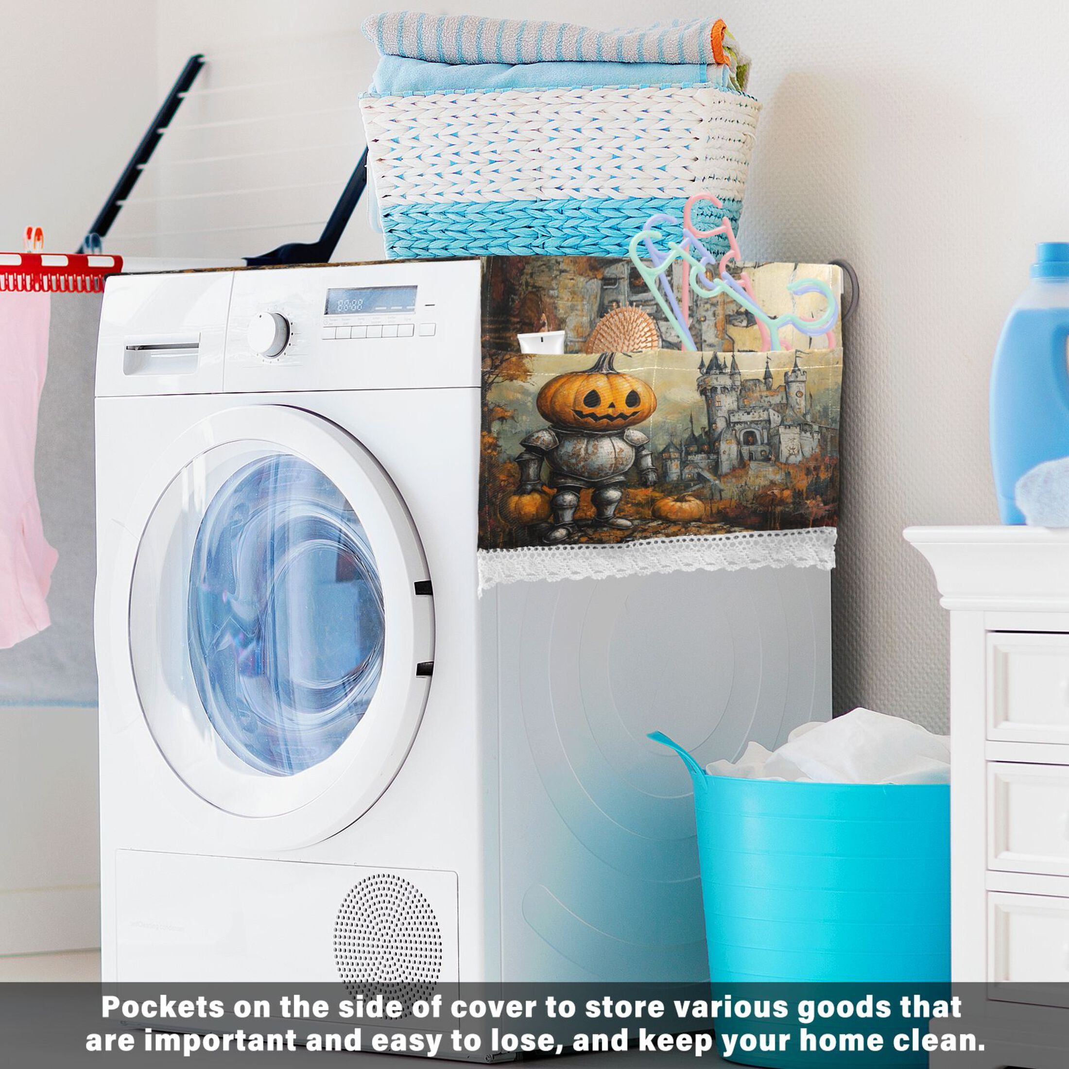 Cute Pumpkin KnightWasher and Dryer Covers Dust-Proof and Oil Resistant Fridge Cover with 4 Storage Pockets Washing Machine Top Cover for Laundry Kitchen Home 51.2 x 22 In