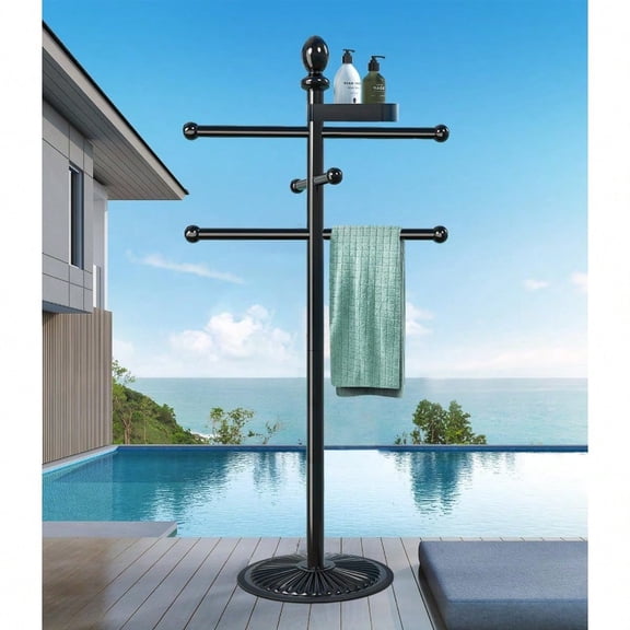 Pool Towel Rack Outdoor 6 Bars with Top Tray Metal Heavy Duty Never Tilt Pool Accories with Heavy Metal Base Hot Tub Accories Towel Dying Rack Towel Stand for Pool Hot Tub etc