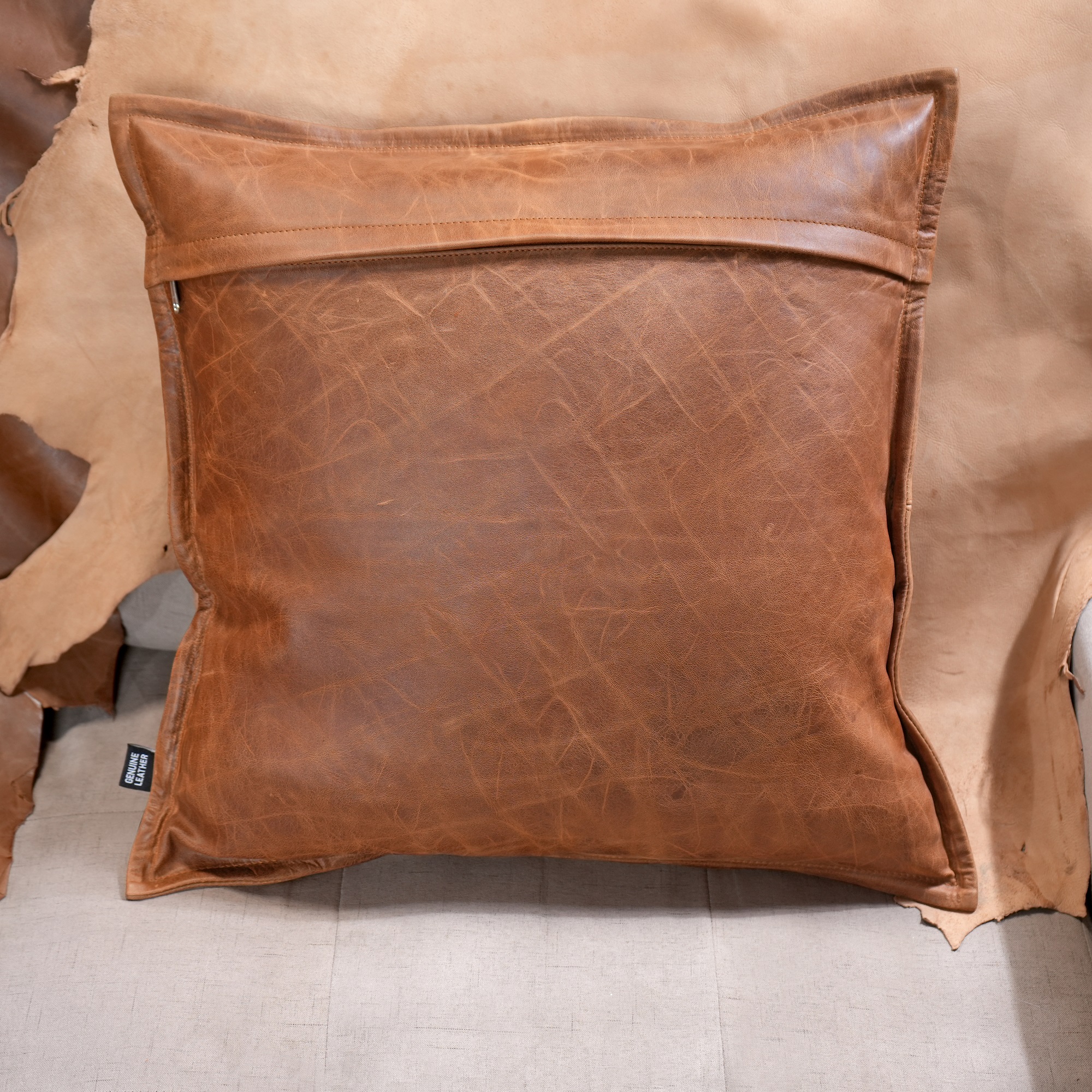 Lambskin Leather Pillow Cover, Sofa Cushion Case, Home Decor Style for Living Room & Bedroom, Cognac Box, 14x14