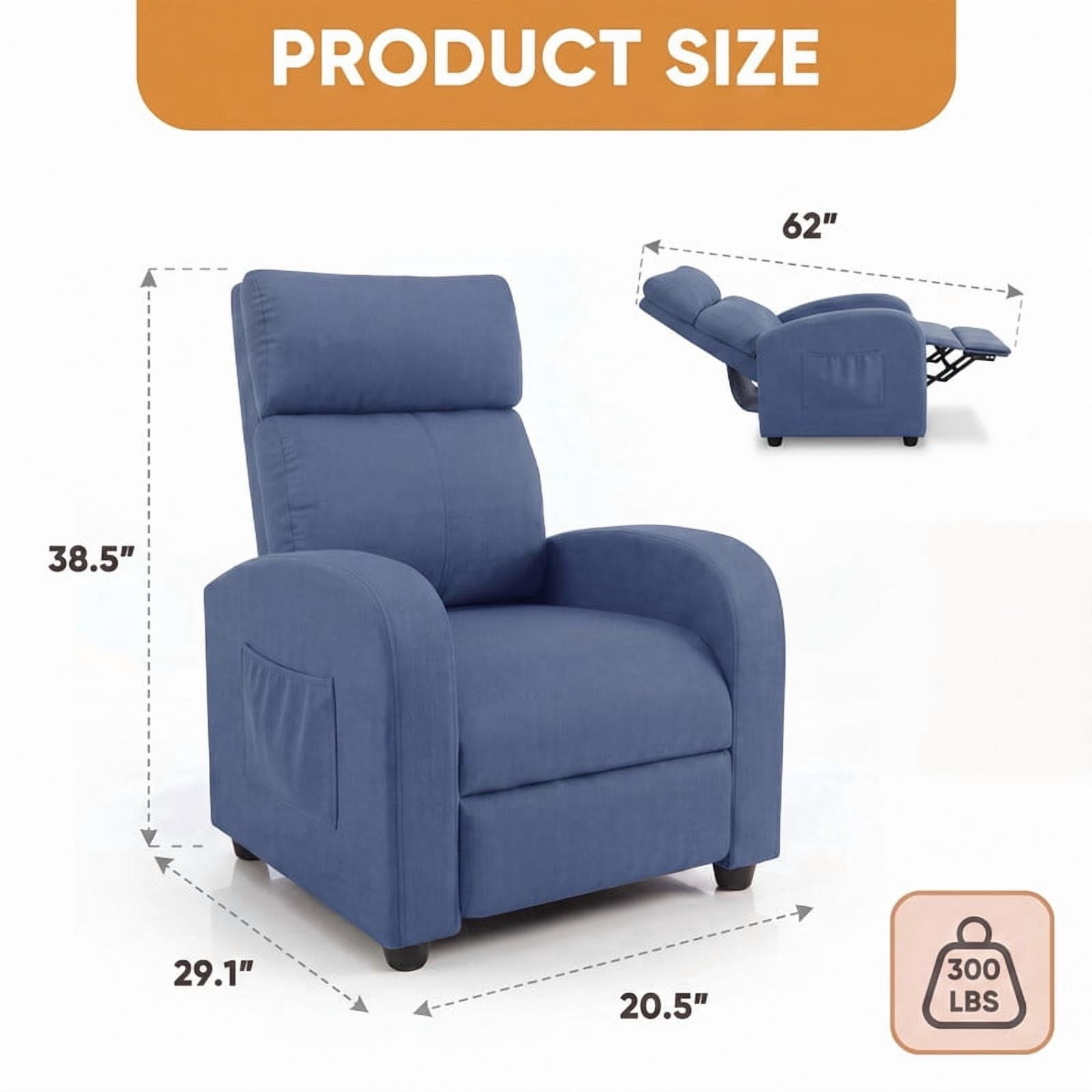 Vineego Massage Recliner Chair Small Places Single Sofa Adjustable Home Theater Seating with Side Pockets for Living Room,Linen Blue