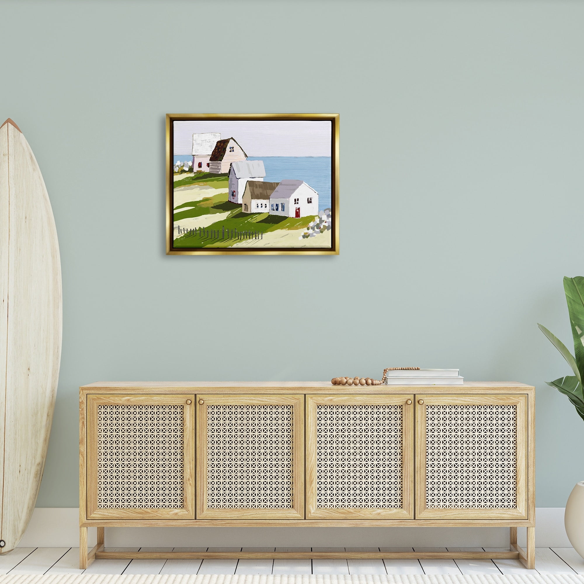 Stupell Industries Quaint Seaside Cottages Overlooking Vast Ocean Landscape Graphic Art Metallic Gold Floating Framed Canvas Print Wall Art, Design by Tina Finn