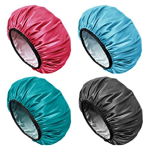 Aquior Bonnet de Douche pour Femmes Réutilisable, Bonnet de Douche Extra Grand pour Hommes, Bonnet pour Cheveux Longs en Satin EVA à Double Couche Imperméable, 4 Pcs