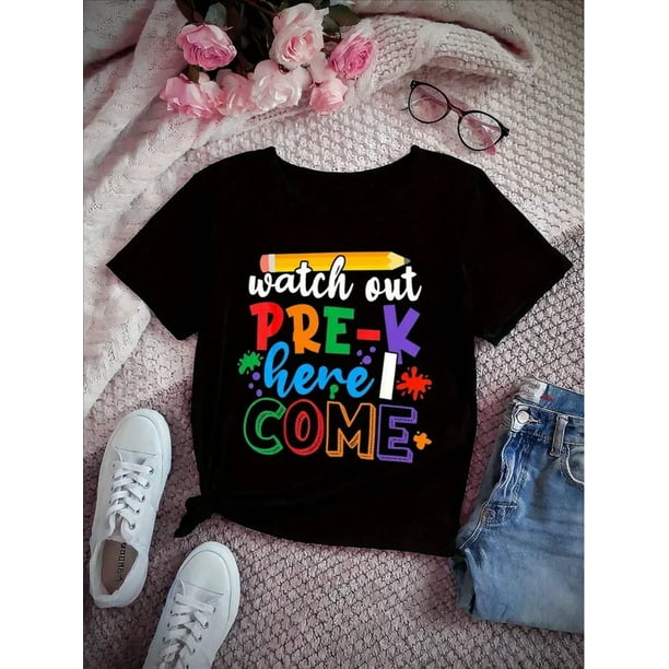 Camiseta de primer día de preescolar para niñas - Camiseta de algodón de manga corta y cuello redondo, camiseta juvenil para la vuelta al cole, camisetas informales para niñas, camiseta de bienvenida