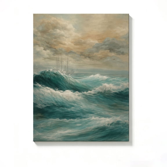 FLASHLUMI 8x12 Inch Vintage Sailing Ship in Stormy Sea Oil Painting Canvas Wall Art, Nautical Adventure Ocean Decor for Living Room Bedroom, No Frame
