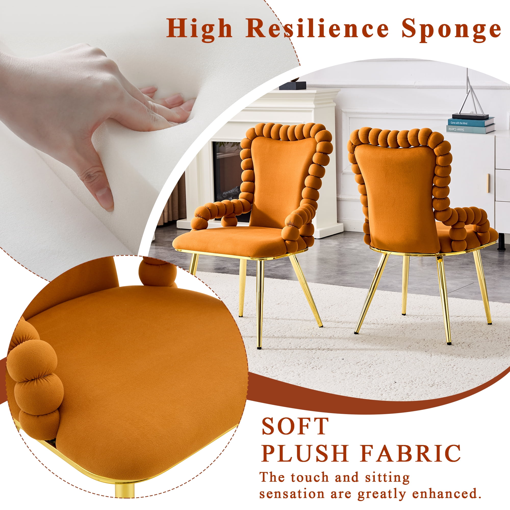 Alvantor Dining Chairs Set of 2, Modern Velvet Bubble Chairs with Armrests & Metal Legs, Upholstered Accent Chairs for Dining Room & Kitchen Orange