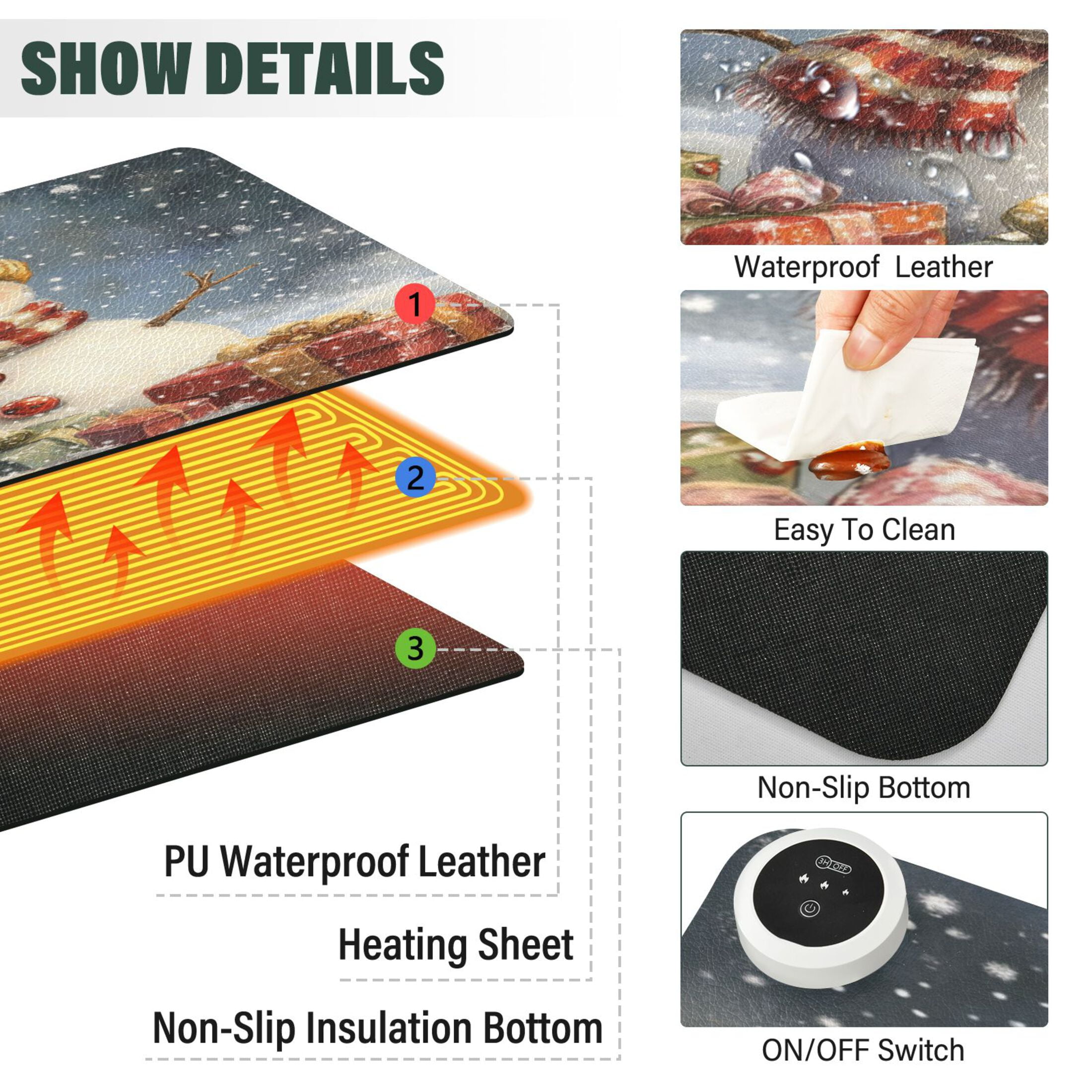 Wobogo Snowman Gift Heated Mouse Pad Extra-Large Desk Mat With 3 Heating Levels and 3-hour Auto Shut-Off Protection Ideal for Computer Keyboards Home Office Hand-warming Essential 31.5in × 13in
