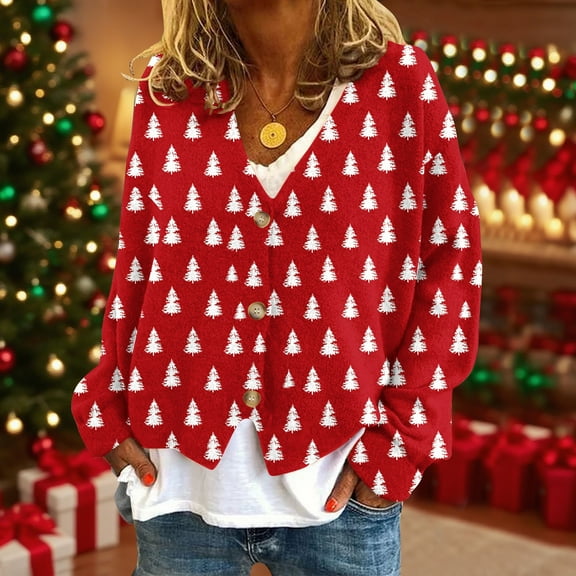Zedker Women's Button Up Christmas Cardigans Long Sleeve V Neck Winter Funny Graphic Xmas Outerwear,Plus Size Red L