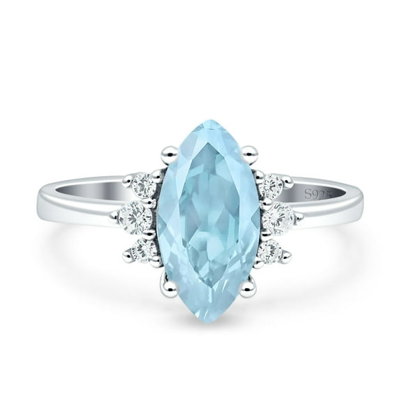Vintage Marquise Engagement Ring Simulated Aquamarine CZ925 Sterling Silver