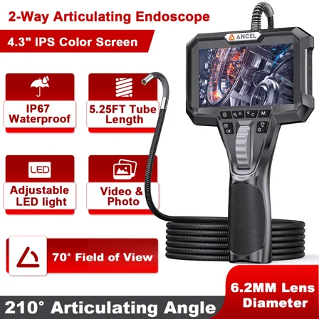 ANCEL AN301 2-Way 210° Industrial Articulating Borescope Camera with Light Endoscope 4.3" Snake Camera Inspection 6.2MM Borescope