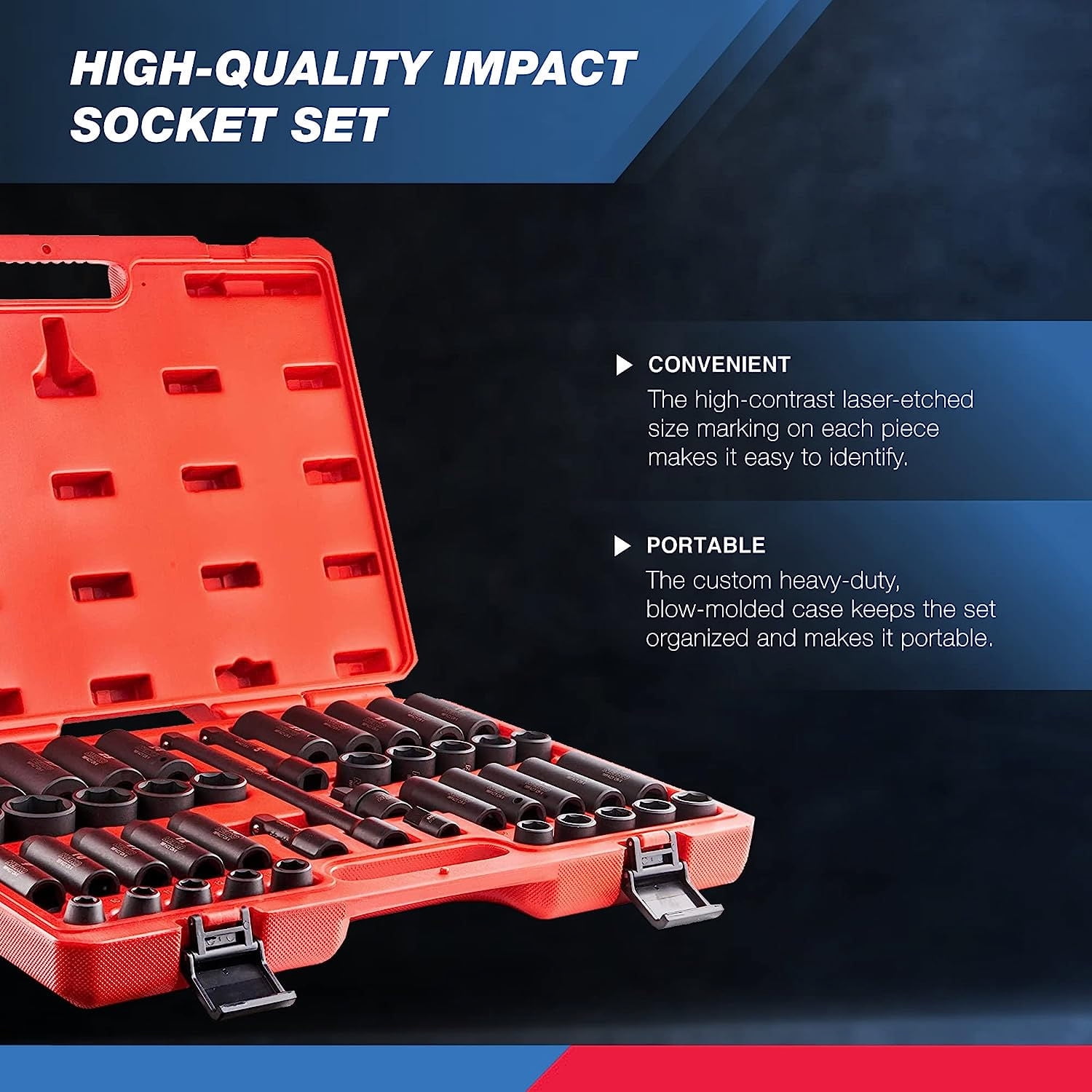 NEIKO 02330A 1/2 Impact Socket Set, 45 Piece Deep and Shallow Assortment, Metric Sizes 9mm to 32mm, Chrome Vanadium Steel, Extension Bars, Universal Joint and Adapter, 1/2" Drive Deep Well Set