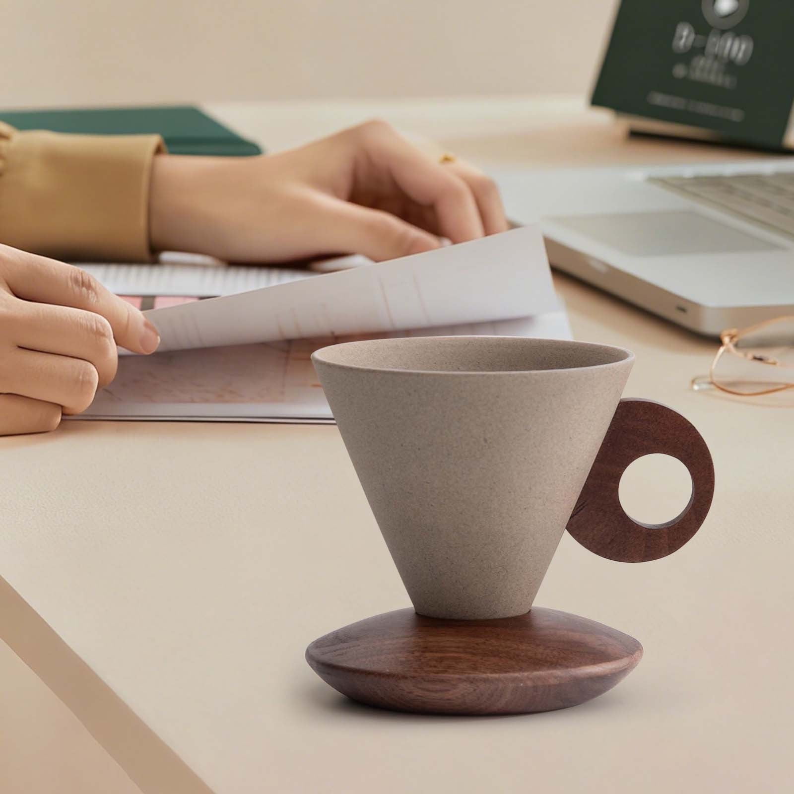 Elegant Conical Ceramic Coffee Cup with Solid Wood Base, Vintage Coarse Pottery Funnel-Shaped Mug for Home, Handcrafted Heat-Resistant Tea Coffee Cup, Pour-Over Espresso Brewing Mug, 200ml