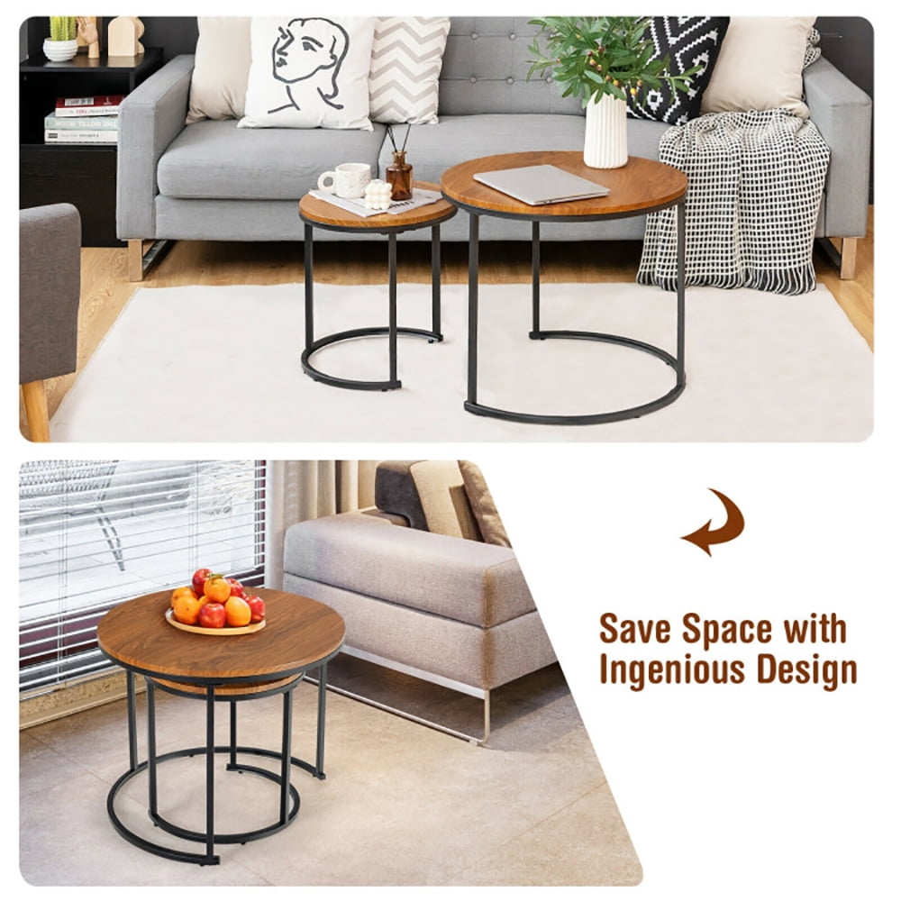 Finihen Round Nesting Coffee Table, Modern Nesting Side Set, Set of 2 Modern Round Stacking Nesting Coffee Tables, for Living Room, Reception Room, Light Brown Finihen Round Nesting Coffee Table, Modern Nesting Side Set, Set of 2 Modern Round Stacking Nesting Coffee Tables, for Living Room, Reception Room, Light Brown