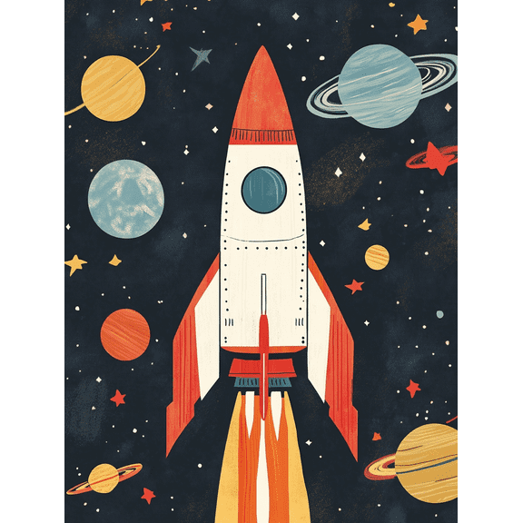 Retro Rocket Ship Space Canvas Art Print, Perfect for Living Room, Bedroom, Office, Nursery, and Kids Playroom Decoration.