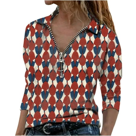 

Women Long Sleeve Casual V Neck Zipper Geometry Printed T-Shirt Pullover Blouse