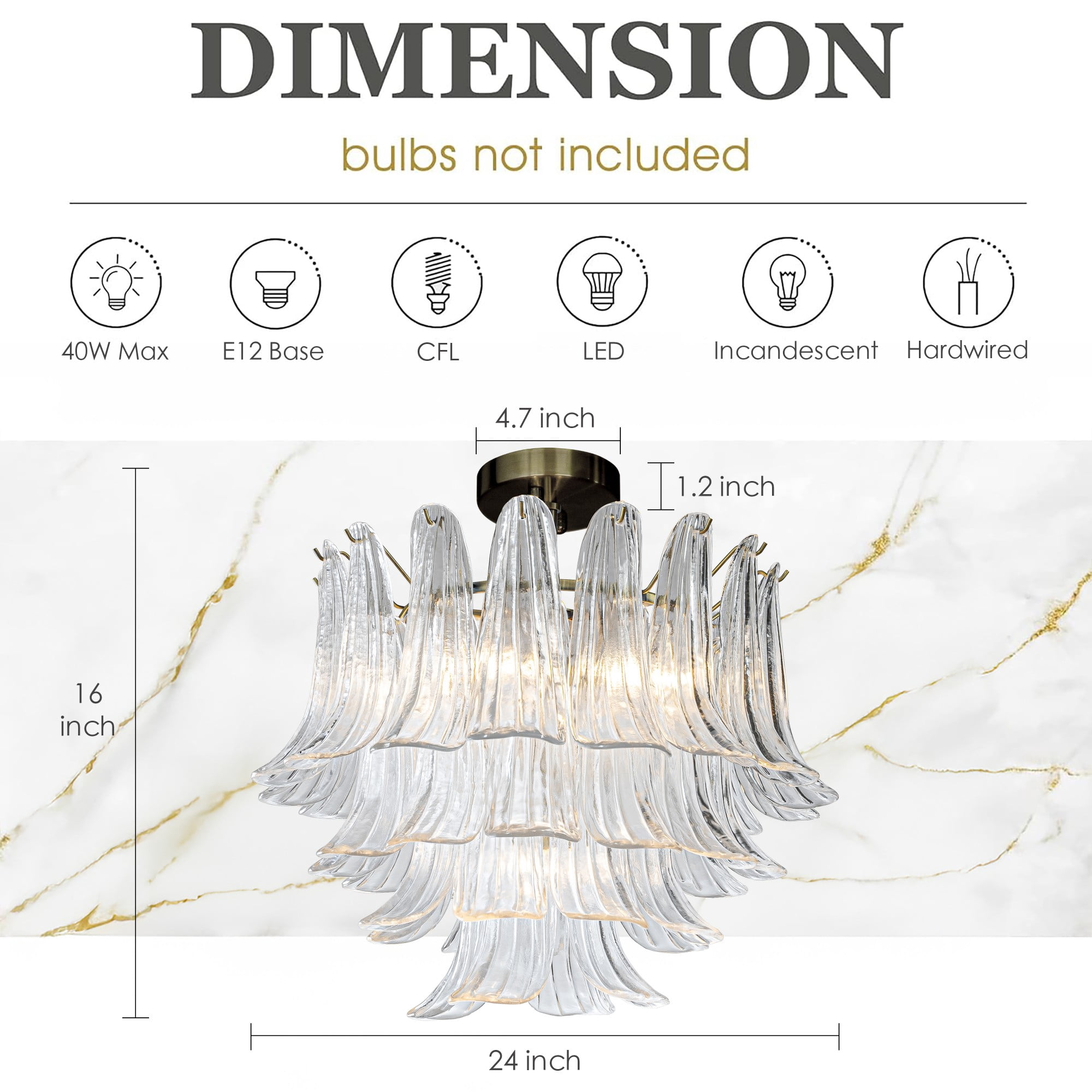 W24 in 5-Light Vintage Mid-Century Modern Close to Ceiling Light 4-Tier Clear Art Glass Glam Flush Mount Ceiling Light in Antique Bronze for Living Room  Dining Room