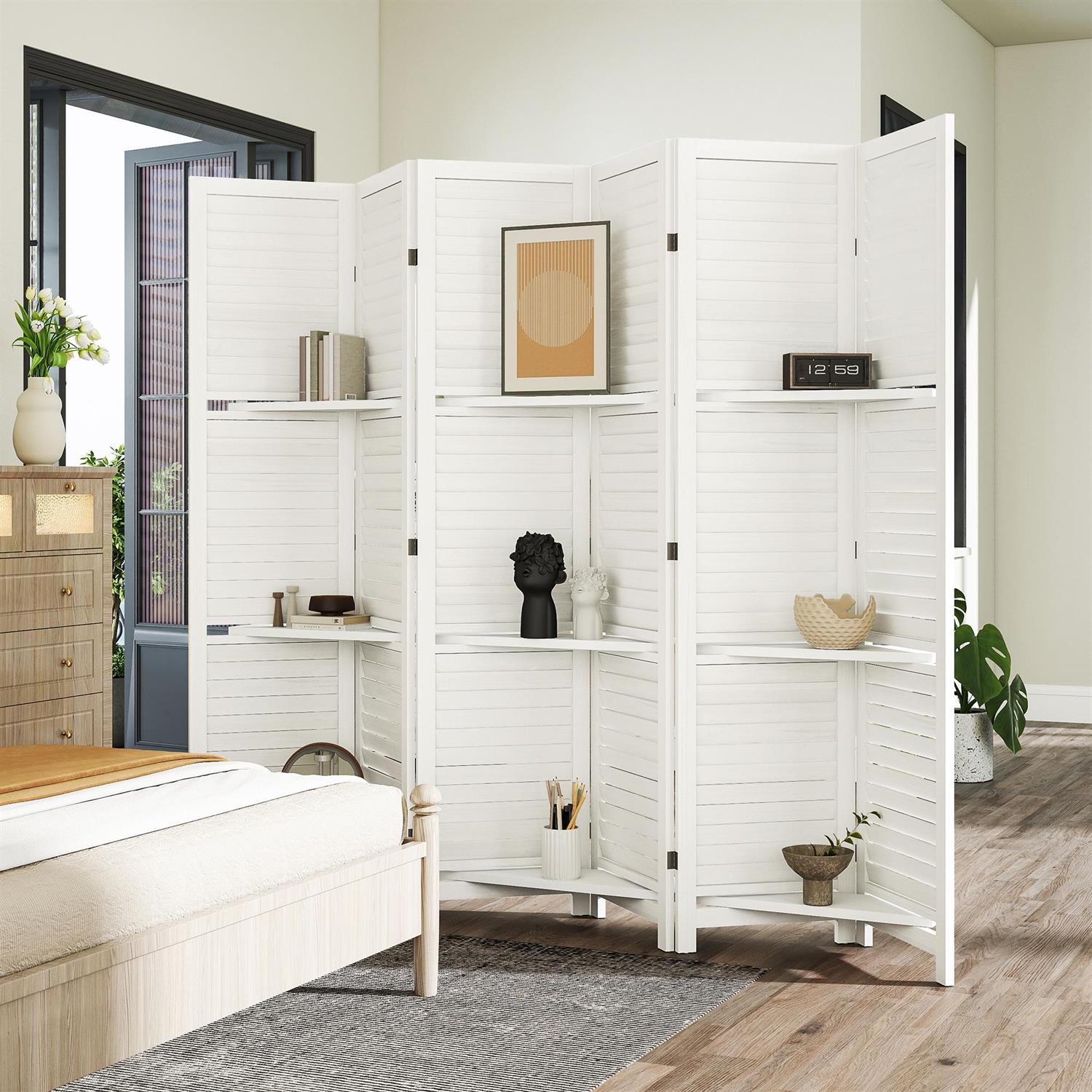 Demi Bonn 67" Tall Wood Privacy Screen Room Divider with 6 Panels, 3 Shelves, Folding Storage for Bedrooms, White