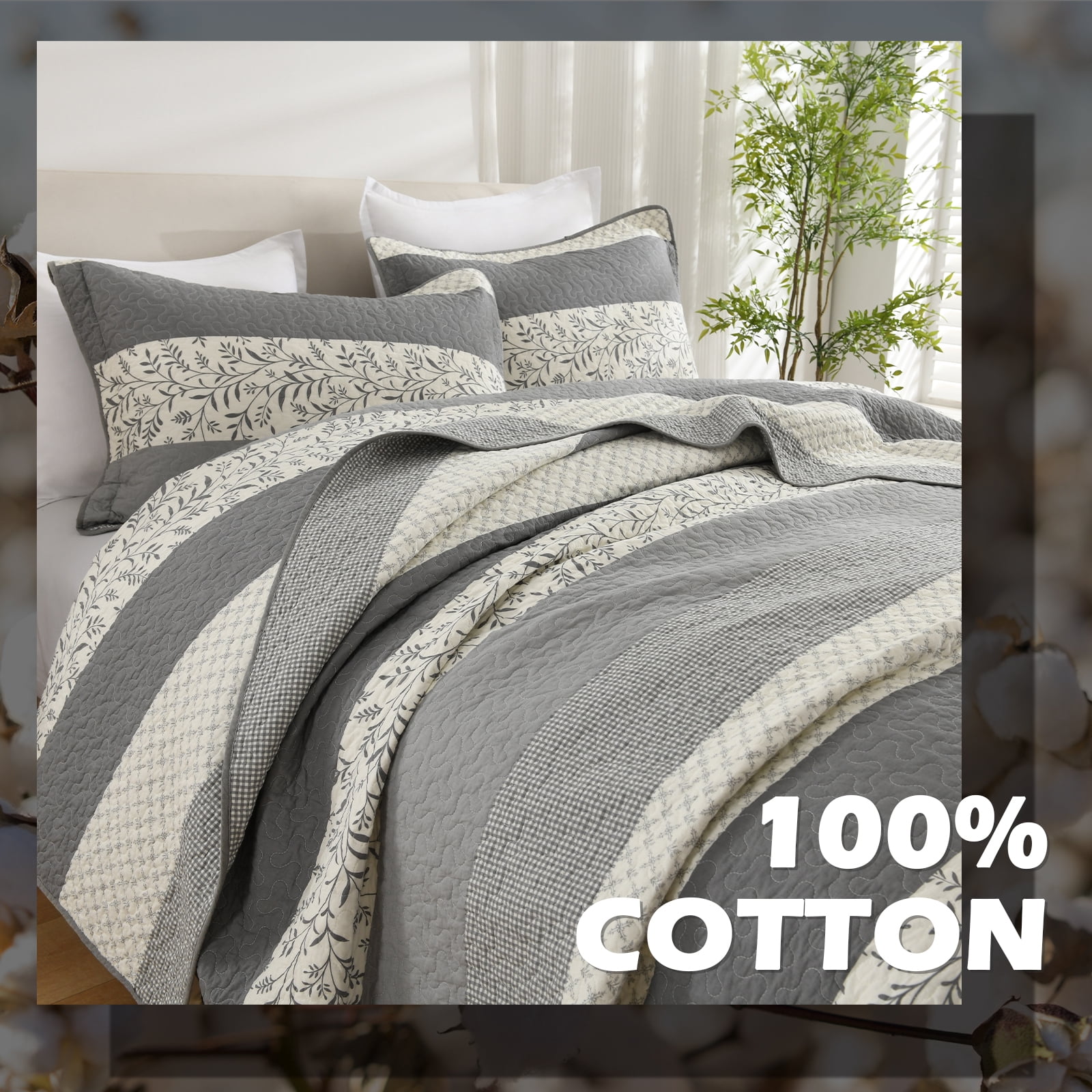 Y-PLWOMEN 100% Cotton Quilt King Size - Gray Striped Lightweight Beige Quilt, Floral Quilted Bedspread Lightweight Comforter Set, Soft Bed Spread for King Bed with Pillow Shams