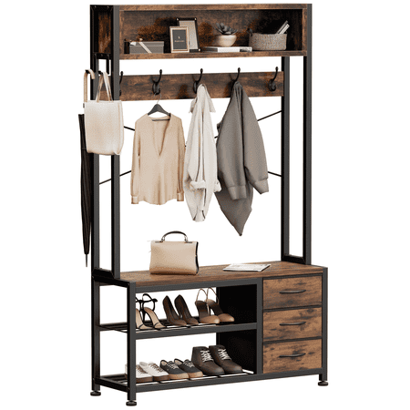 Laintene Hall Tree with Bench – 5-in-1 Entryway Shoe Rack with 7 Hooks 3 Drawers & Shoe Storage Heavy-Duty Coat Rack for Industrial Hallway Living Room Brown