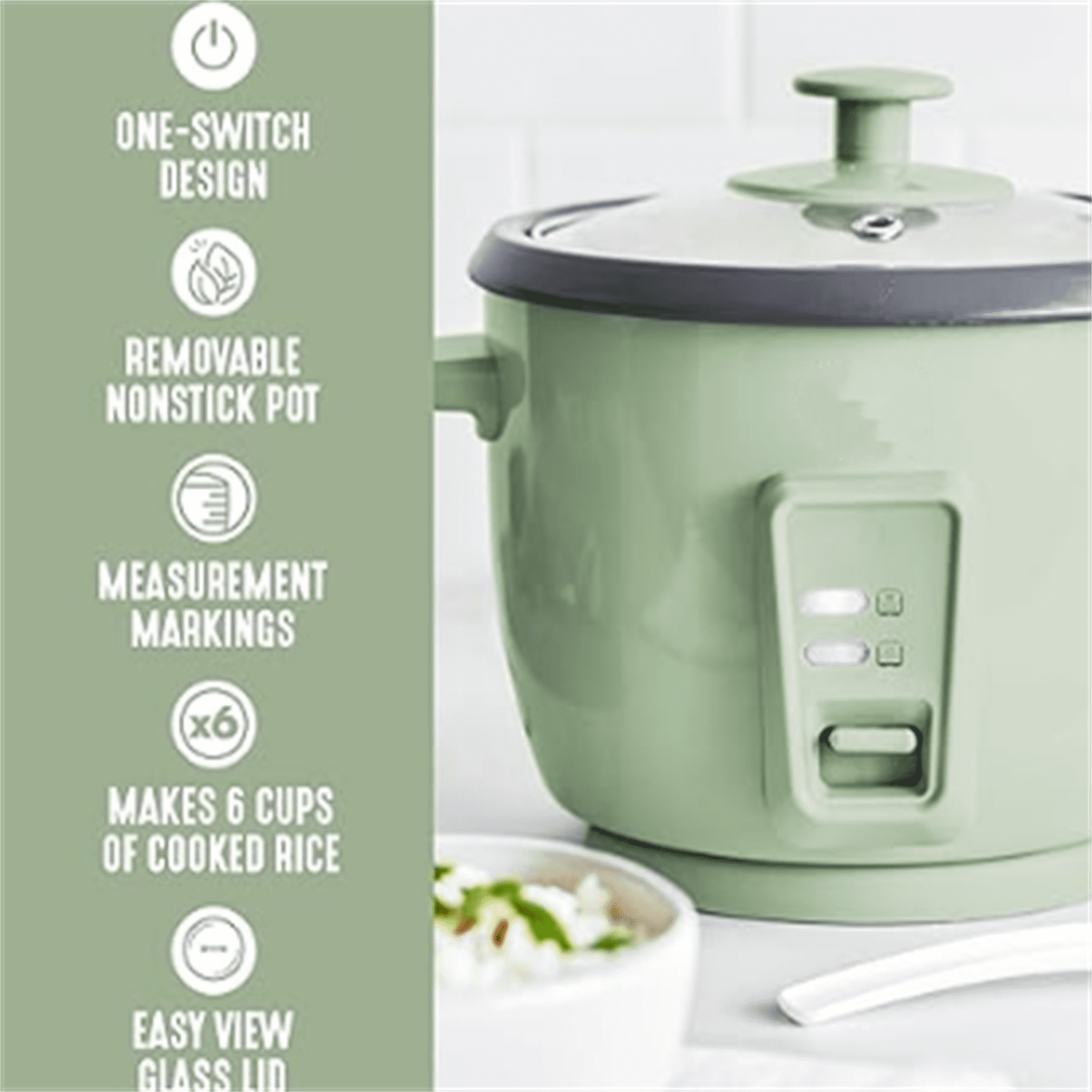 Rice Cooker with Removable PFAS-Free Nonstick Pot, 3-Cups Uncooked/6-Cups Cooked, One-Switch Design, Auto Keep Warm Function, Soup, Grains, Oatmeal, Wood Handle, Sage Green