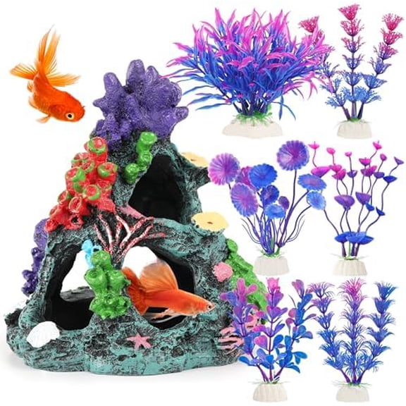 Fish Tank Decorations, 7 Pieces Aquarium Plants Set with Coral Reef Decoration Mountain Cave Ornament for Betta, Goldfish, Shrimp to Breed, Play and Rest (Purple)