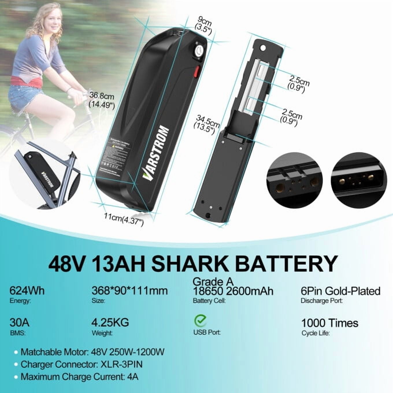 Accolmile 48V 13Ah Ebike Battery Lithium Downtube Batteries with USB Port XT60 Connector 30A BMS for 200-1000W Bafang Motor