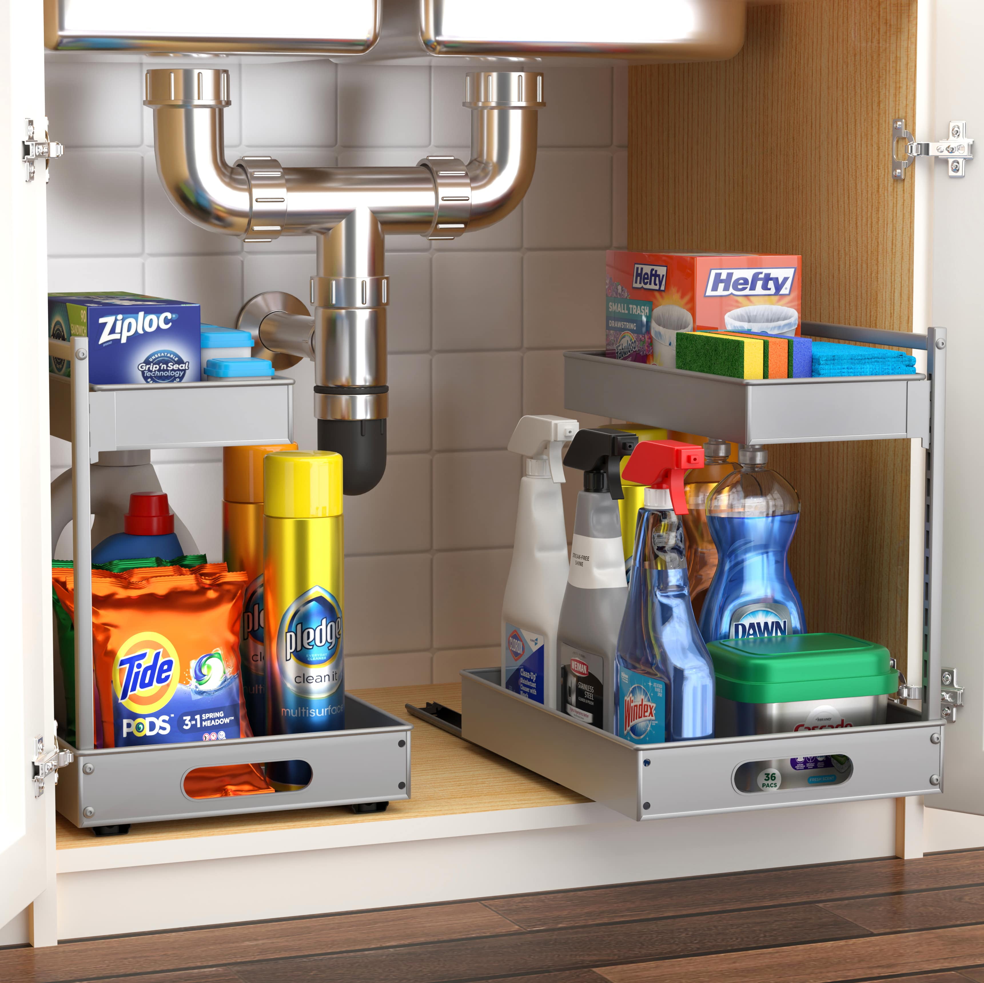 Sorbus 2-Tier Under Sink Organizer with Sliding Drawers, No-Drill Storage Rack (2 pack Silver)