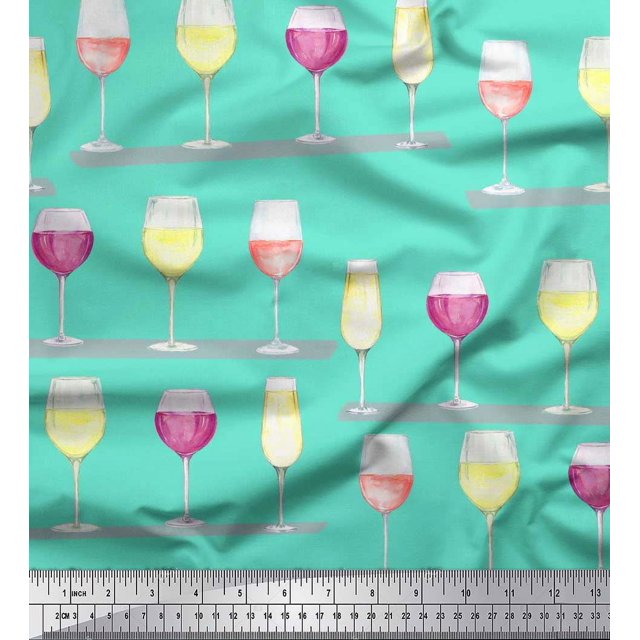Soimoi polyester Crepe Fabric Wine Glass Bar Print Fabric by Yard 52 Inch Wide