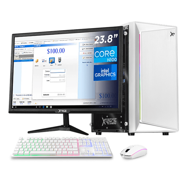 Computadora Escritorio Completa Xtreme PC Gaming Intel N100 16GB SSD 500GB Monitor 23.8 75Hz WIFI White ideal para punto de venta, trabajo administrativo y uso diario