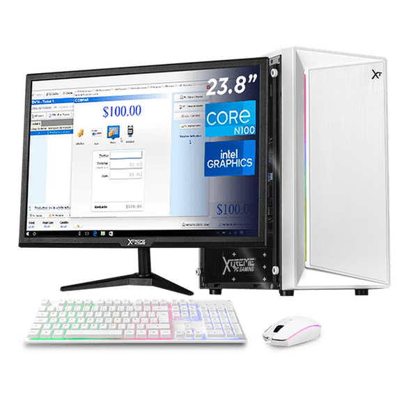 Computadora Escritorio Completa Xtreme PC Gaming Intel N100 16GB SSD 500GB Monitor 23.8 75Hz WIFI White ideal para punto de venta, trabajo administrativo y uso diario