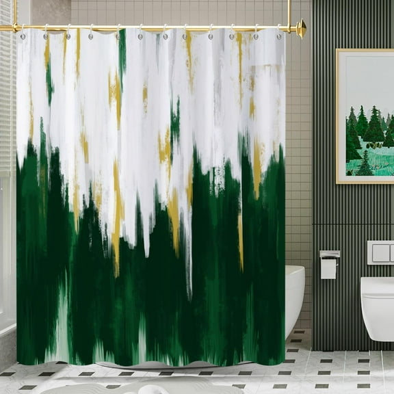Dark Green Shower Curtain, Green White Gold Brush Strokes Graffiti Oil Painting Modern Art Abstract Bathroom Curtain Waterproof Fabric Machine Washable with Hooks, 84" Wx72 L