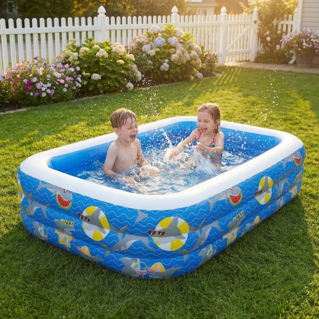 WaterCube Inflatable Kiddie Pool Shark Pattern 3-Ring Rectangular BPA-Free 9.8' x 5.7' x 1.8'