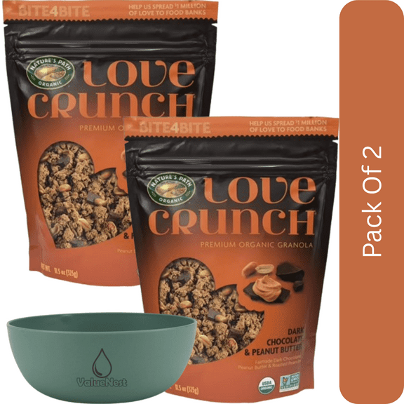 Love Crunch Organic Granola, Dark Chocolate & Peanut Butter, Ready to Eat, 11.5 oz Pouch-2pk, With Olive Green Bowl By ValueNest