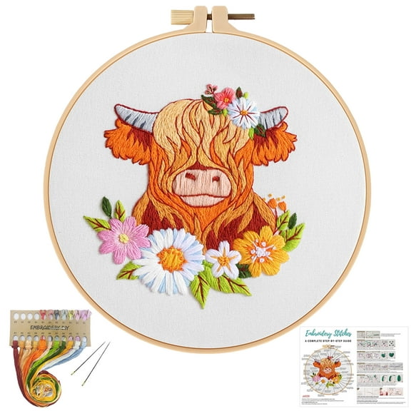 VOCHIC Spring Highland Cow Embroidery Kits for Beginners,Cross Stitch Kits for Adults,Starters DIY Needlepoint Kits Including Embroidery Hoop Cloth Needles Instruction and Threads
