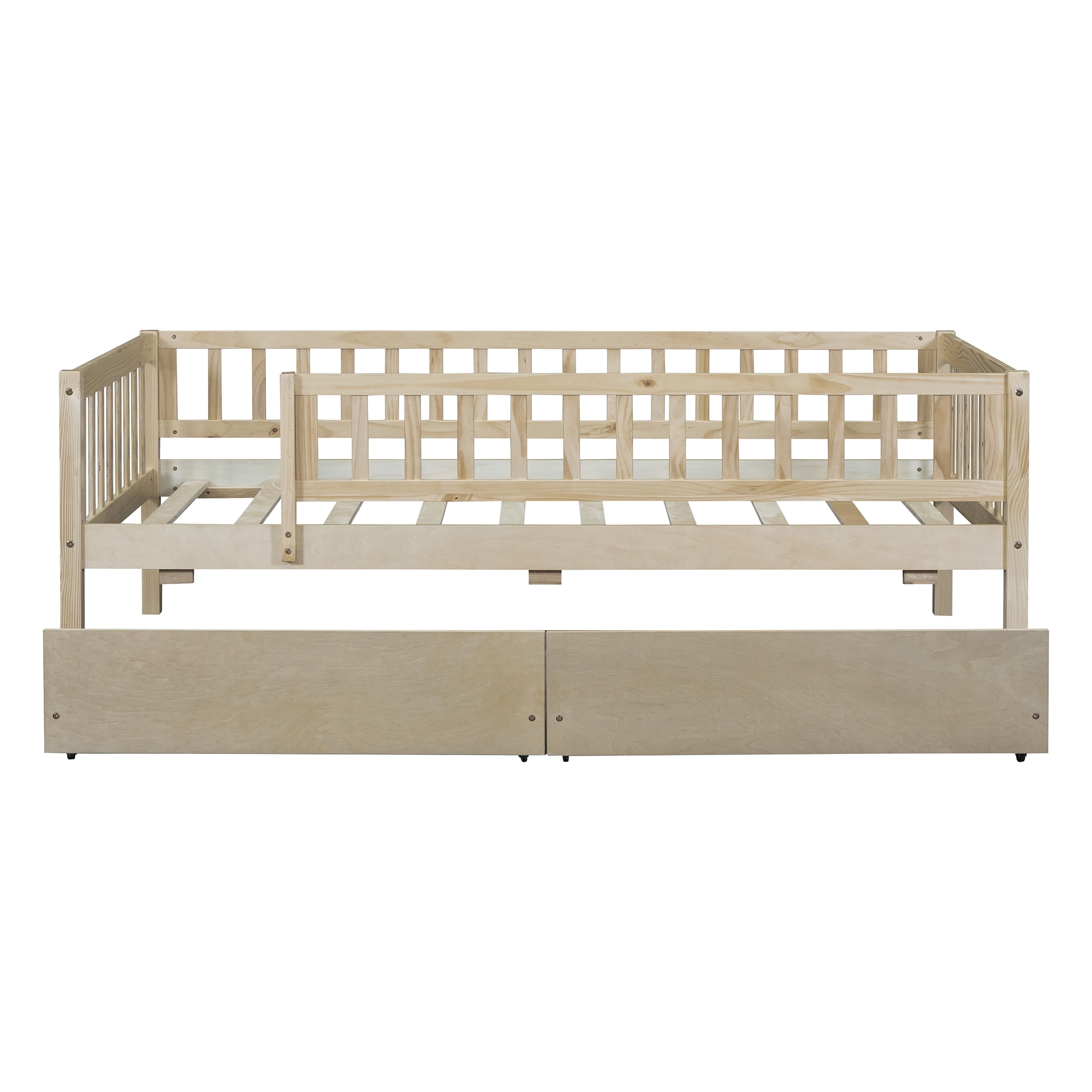 Bellemave Twin Daybed with Storage and Fence, Wooden Twin Size Platform Bed with Rails and 2 Drawers, Low Loft Bed Frame, No Box Spring Needed (Natural)