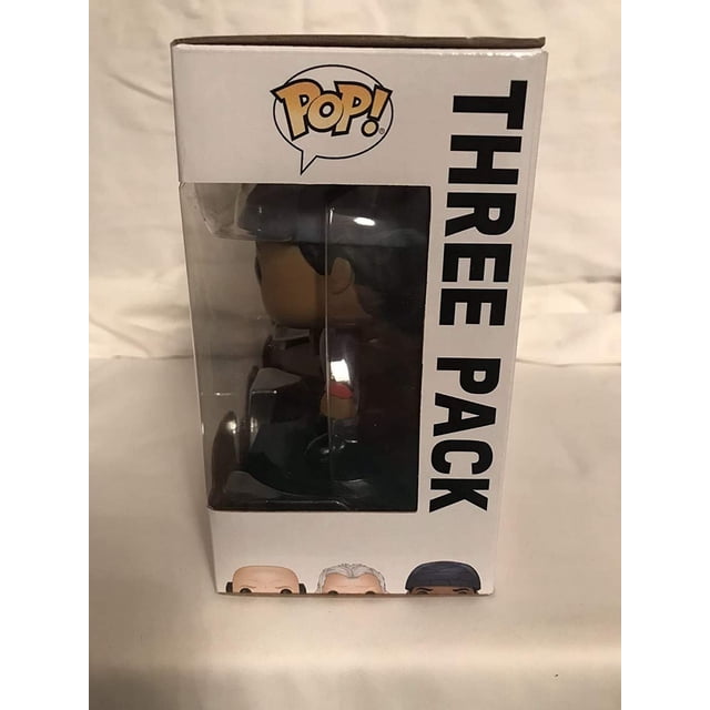 funko set 3 figurines pop star wars lobot ugnaught and bespin guard exclusive funko — Caja con ventana frontal que contiene un set de tres figuras Funko Pop Star Wars en vinil (3.15 in de alto, 6.3 in de largo, 4.33 in de ancho); caja blanca con texto vertical "THREE PACK" y ventanilla transparente; suele usarse para exhibición de colección.