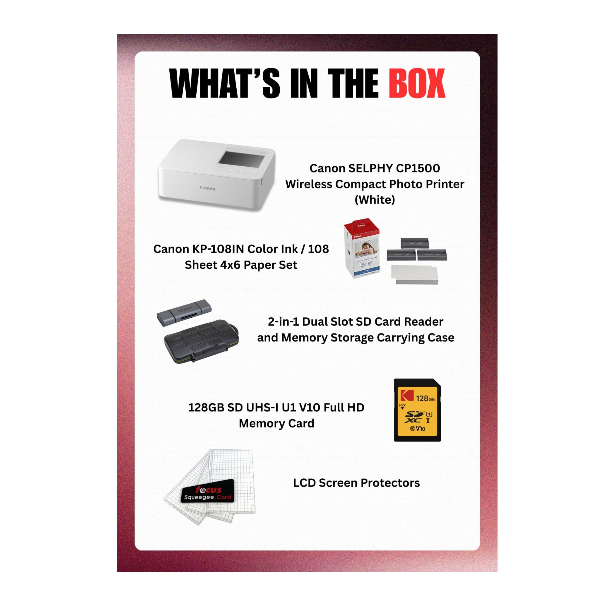 Canon Selphy CP1500 Wireless Compact WiFi AirPrint USB and Dye Sublimation Photo Printer (White) Bundle with Accessories (12 Items)