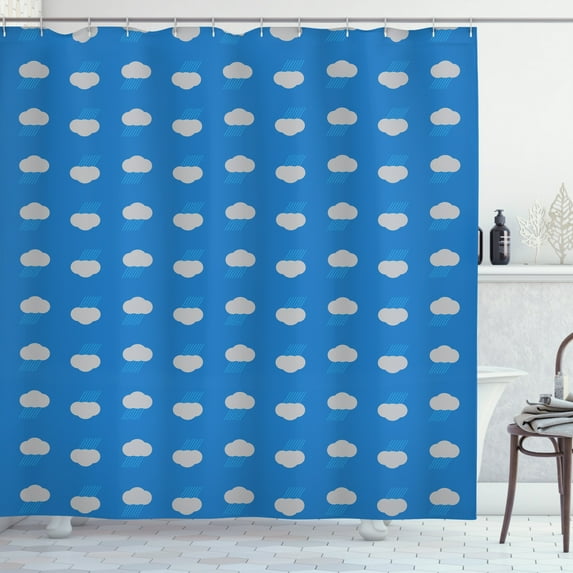 Cumulus Shower Curtain, Illustration of Repetitive Rainy Clouds with Up and Down Side Art, Fabric Bathroom Set with Hooks, 69W X 84L Inches Extra Long, Sea Blue and Pale Taupe, by Ambesonne